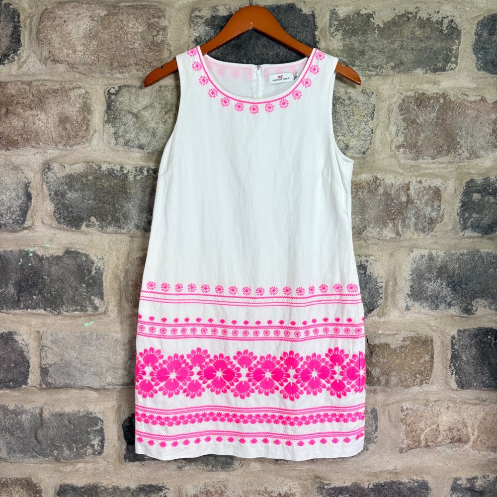 Vineyard Vines Womens White Pink Caribbean Embroidered Shift Dress Size 4 Beach